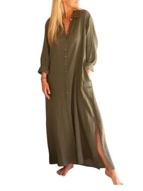 Natural Life Gauze Maxi Dress Button Front Long Sleeve Olive Green Boho Medium